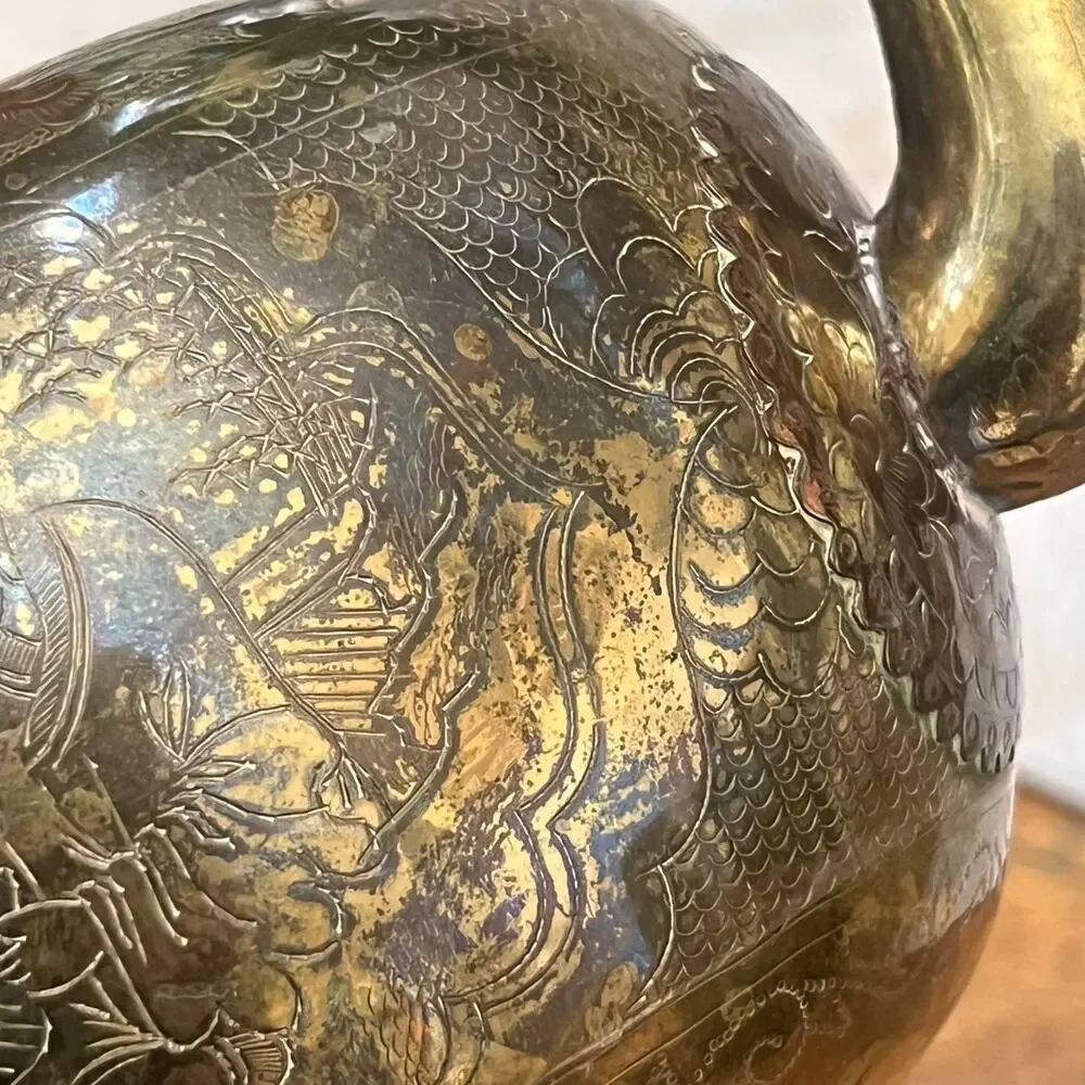 Antique Chinese Brass Engraved Teapot With Etched Designs Without Lid